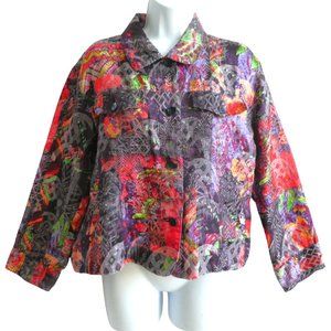 Chico's LiNeN SiLK Jacket Etched Art to Wear Silk Lined Pockets Collared Buttons